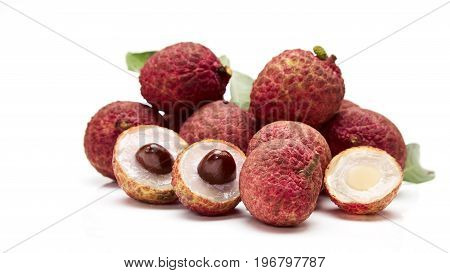 bunch of fresh Lichi or lychees isolated on White background