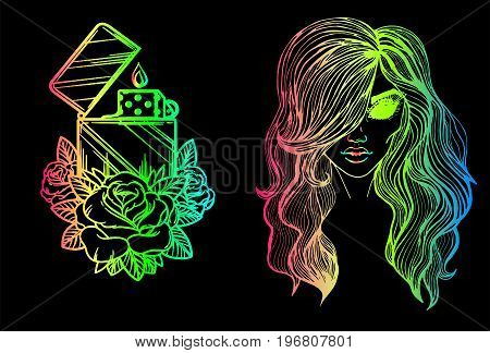 Neon sketches - a mystical portrait of a girl without eyes and a lighter with a rose