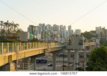 SEOUL, SOUTH KOREA -  JUNE 01, 2017: Seoul 7017 Skypark at daytime. The Seoullo 7017 Skypark, is an elevated linear park in central Seoul  which opened on May 20, 2017.