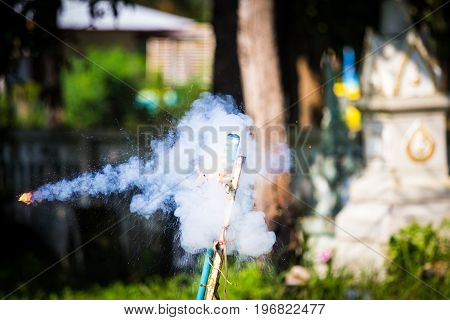 homemade rocket launching. gunpowder powered. sparking and smoking