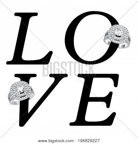 3D illustration isolated black text word love with wedding silwer diamond rings on a white background