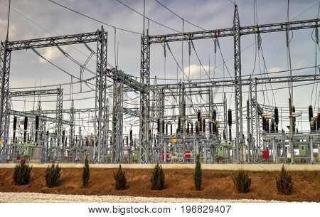 High voltage switchyard in modern electrical substation