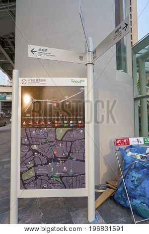 SEOUL, SOUTH KOREA -  MAY 20, 2017: Seoul 7017 Skypark information. The Seoullo 7017 Skypark, is an elevated linear park in central Seoul  which opened on May 20, 2017.