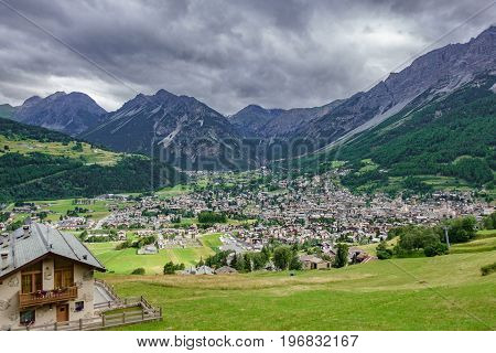 Top view panorama of Bormio city and alps rocks