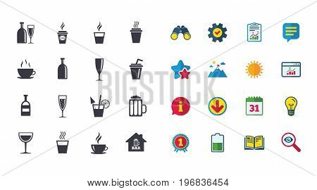 Set of Drinks, Beer and Cocktails icons. Coffee, Tea and Alcohol drinks. Wine bottle, Glass and Bar symbols. Calendar, Report and Browser window signs. Stars, Service and Download icons. Vector