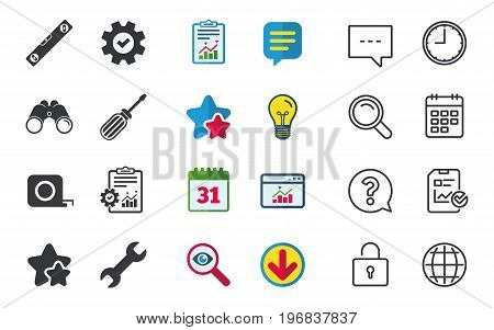 Screwdriver and wrench key tool icons. Bubble level and tape measure roulette sign symbols. Chat, Report and Calendar signs. Stars, Statistics and Download icons. Question, Clock and Globe. Vector