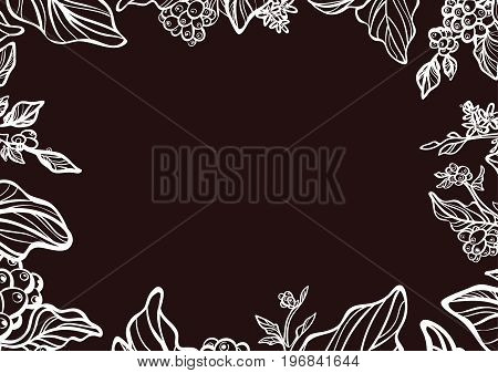 Template with branch of coffee tree with leaves flowers and coffee beans. Botanical drawing. Floral decor. Place for text. Vector illustration for greeting card background magazines and websites