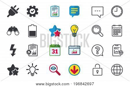 Electric plug icon. Light lamp and battery half symbols. Low electricity and idea signs. Chat, Report and Calendar signs. Stars, Statistics and Download icons. Question, Clock and Globe. Vector