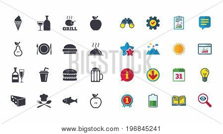 Set of Food and Drinks icons. Restaurant meal, Wine and Cheese signs. Burger, Milkshake and Beer symbols. Calendar, Report and Browser window signs. Stars, Service and Download icons. Vector