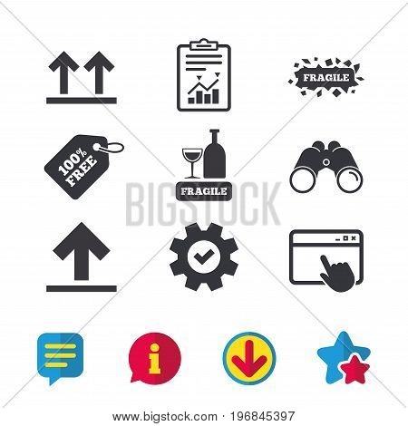 Fragile icons. Delicate package delivery signs. This side up arrows symbol. Browser window, Report and Service signs. Binoculars, Information and Download icons. Stars and Chat. Vector