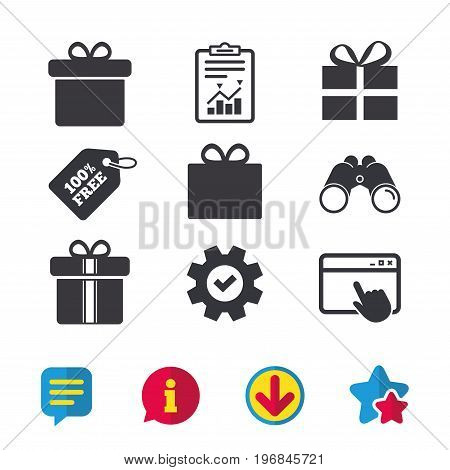 Gift box sign icons. Present with bow and ribbons sign symbols. Browser window, Report and Service signs. Binoculars, Information and Download icons. Stars and Chat. Vector