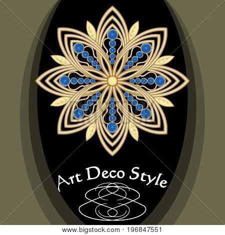 Golden art deco brooch with blue saphire gems victorian jewelry antiquarian accessory vector EPS 10