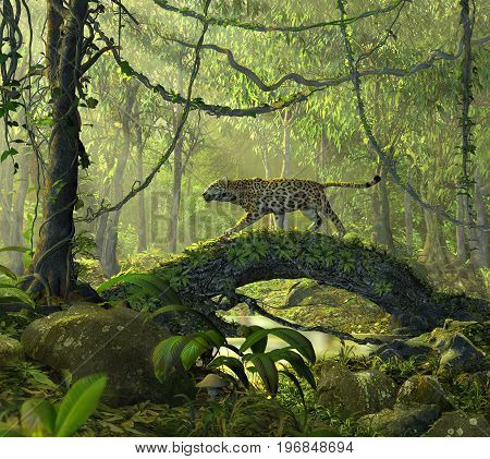 3D render of a beautiful enchanted jungle forest with an alert panther cat crossing a pond