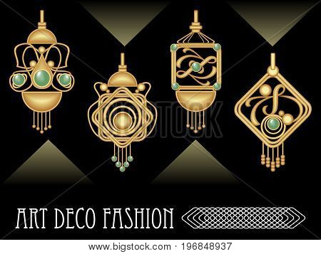 Art deco earrings collection luxury golden jewel in art nouveau style elegant expensive jewelry filigree goldsmith work vector EPS 10