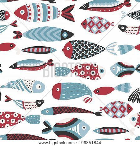 Seamless pattern with fishes. Hand drawn undersea world. Colorful artistic background. Aquarium. Can be used for wallpaper textiles wrapping card cover. Vector illustration eps10