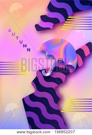 Autumn abstract  hipster color composition in trendy 90s style with umbrella, geometric shapes, fluid and liguid texture, futuristic bright background, template for banner, poster, vector illustration
