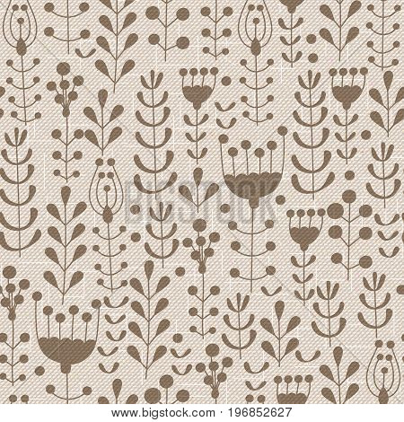 Realistic seamless cotton sailcloth texture. Abstract rough sackcloth fabric with flowers berries and leaves. Beige linen canvas texture. Vector design.