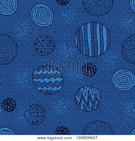Dark blue jeans texture. Denim background with rounds dots waves. Can be used for wallpaper pattern fills web page background surface textures. Denim texture