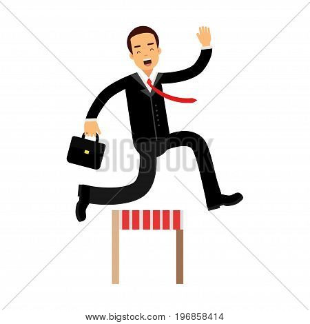 Businessman character racing over hurdle obstacles, business competition vector Illustration on a white background