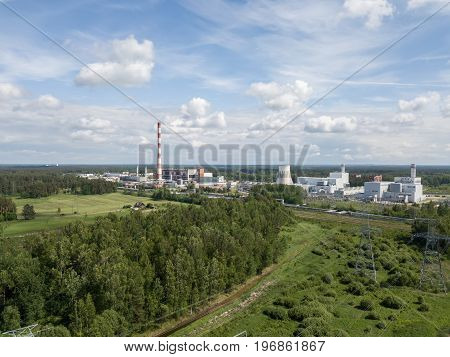 Aerial View Of Riga Tec -2 Electricity Power Station Drone Top View