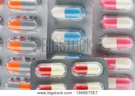 Colorful of antibiotic capsule pills in blister pack