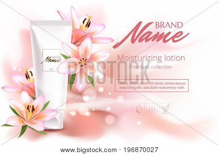 Advertising Poster For Cosmetic Product With Flowers For Catalog, Magazine. Vector Design Of Cosmeti