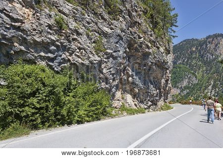CANYON TARA MONTENEGRO - JUNE 29 2017: In one of the highest points of the Tara River canyon tourists get off the bus and walk several hundred meters admiring the beauty of nature