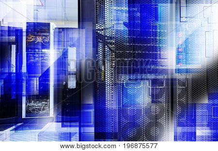futuristic tech scheme on background mainframe of server room in data center