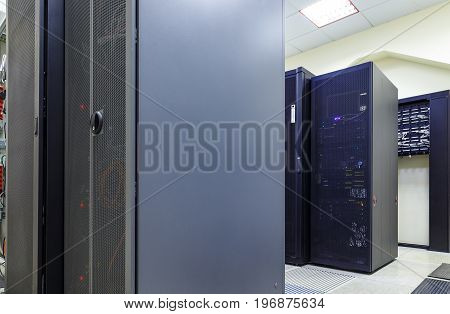 network server room with computers for digital tv ip communications and internet