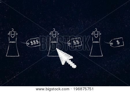 Group Of Dresses With Different Price Tags And Mouse Clicking On The Mid-range One