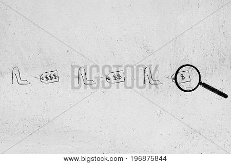 Magnifying Glass Analysing Shoes With Different Price Tags