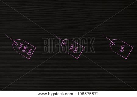 Group Of Three Different Price Tags From Luxury To Cheap
