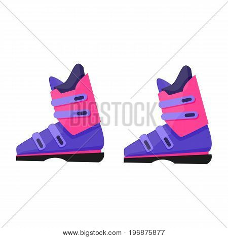 Pair of skiing, snowboarding boots, winter sport gear, flat style vector illustration isolated on white background. Flat vector skiing, snowboarding boots, colorful illustration