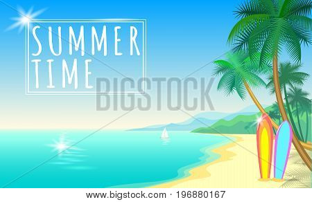 Summer sea palm beach web banner. Sand seashore blue water wave sunshite hot day surf boards boat. Background vector illustration art