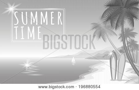 Summer sea palm beach gray white monochrome web banner. Sand seashore blue water wave sunshite hot day surf boards boat. Neutral background vector illustration art