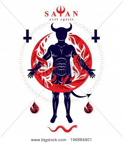Vector graphic illustration of strong horned wicked male body silhouette surrounded by a fireball. Demonic infernal creature Baphomet.