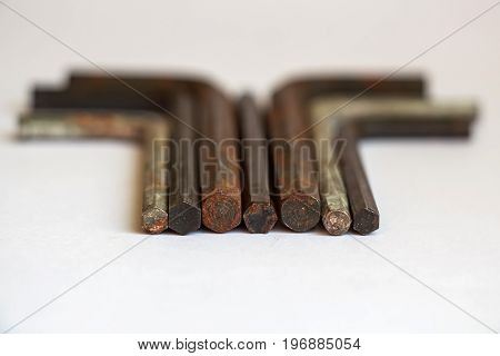 Close up set of old hexagon allen keys