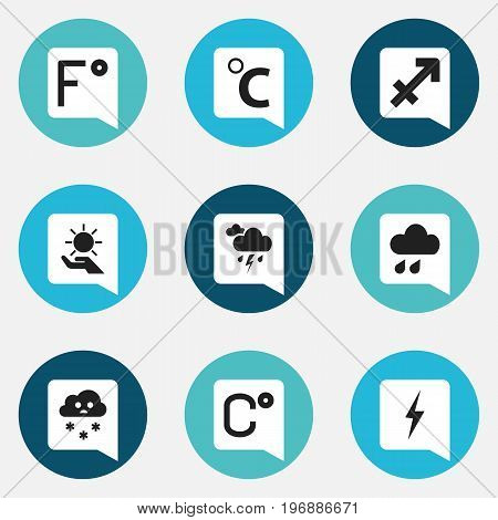 Set Of 9 Editable Air Icons. Includes Symbols Such As Thunder, Deluge, Celcius Degree And More