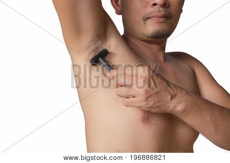 armpits and razor hairy. Shaves a man's armpit with a close-up blade isolated on a white background.