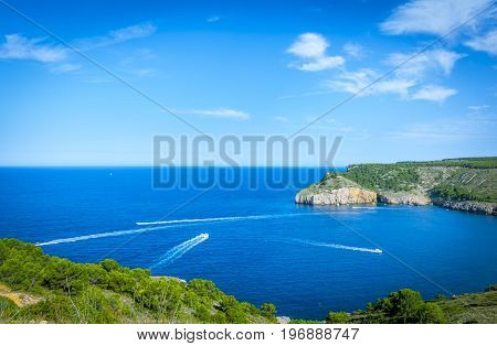 Small bay of Cala Montgo in Costa Brava. Montgo beach is a natural and awesome place of la Escala and Torroella de Montgri in Girona province, Catalonia, Spain