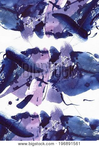 Large vertical watercolor illustration hand drawn with brush and blue and purple ink colors. Raster grainy abstract background good for print design. Vivid colors drawn with brush blob strokes.