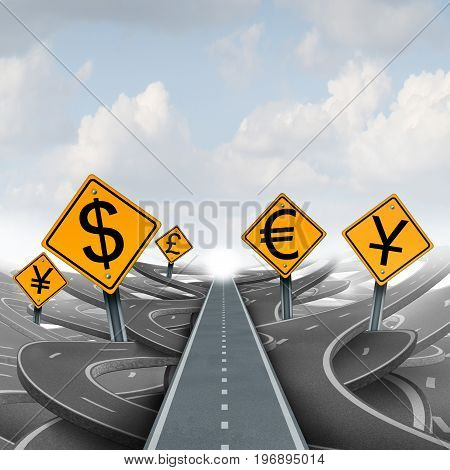 Currency strategy solution path and foreign exchange financial direction concept as a monetary dollar symbol with the Chinese yuan and Japanese yen or European euro and the british pound as a 3D illustration.