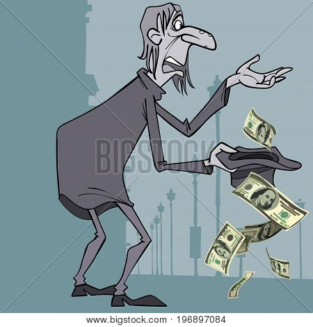 Cartoon homeless man gets alms dollars in the hat