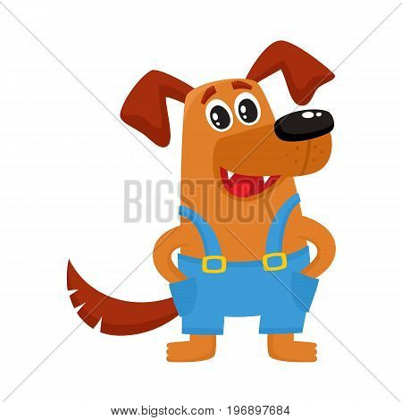 Cute brown funny dog, puppy character in blue overalls, cartoon vector illustration isolated on white background. Funny dog, puppy character in overalls standing paws in pockets
