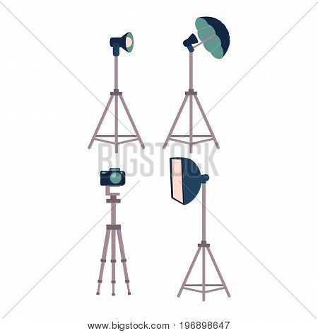 Professional photo studio equipment set - camera, tripods, flash, strobe light, cartoon vector illustration on white background. Set of cartoon style professional photo, photographer studio equipment