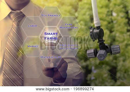Man hand pressing on Smart Farms Key. Smart Farms concept.