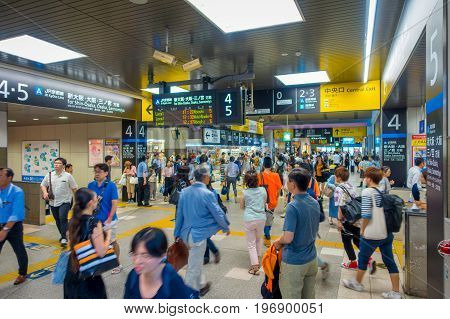 KYOTO, JAPAN - JULY 05, 2017: People hurry at Keihan Railway Station in Kyoto, Japan. Keihan Railway company was founded in 1949 and is among busiest in Japan.