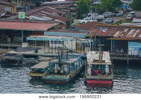 Semporna,Sabah,Malaysia-Apr 22,2017:View of Semporna bajau water village in Semporna,Sabah,Malaysia.The water village is a popular tourist attraction place in Semporna,Sabah,Borneo,Malaysia