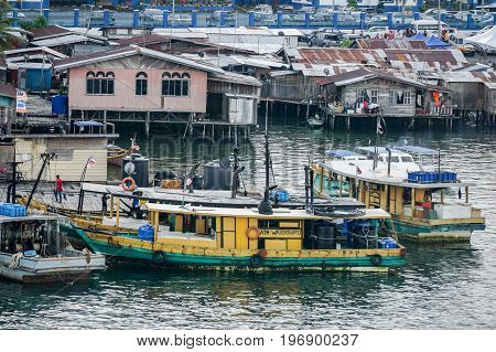 Semporna,Sabah,Malaysia-Apr 22,2017:View of Semporna bajau water village in Semporna,Sabah,Malaysia.The water village is a popular tourist attraction place in Semporna,Sabah,Borneo,Malaysia
