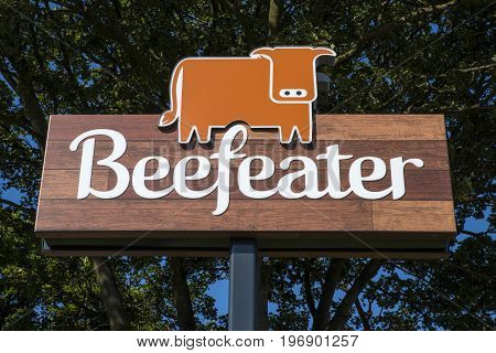 LEEDS UK - JULY 17TH 2017: The Beefeater logo outside one of their restaurants near Leeds in the UK on 17th July 2017.